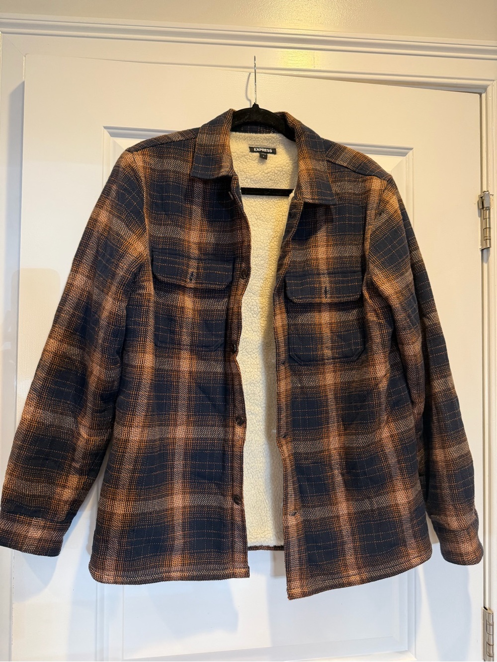 Express Men’s Plaid Sherpa-Lined Shacket - Navy & Brown